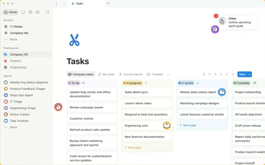 Notion task database showing project work organized by status in a board-style view.