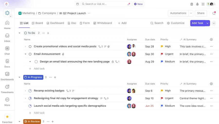 ClickUp List view showing project tasks organized by status with assignees, due dates, priorities, and AI summaries.