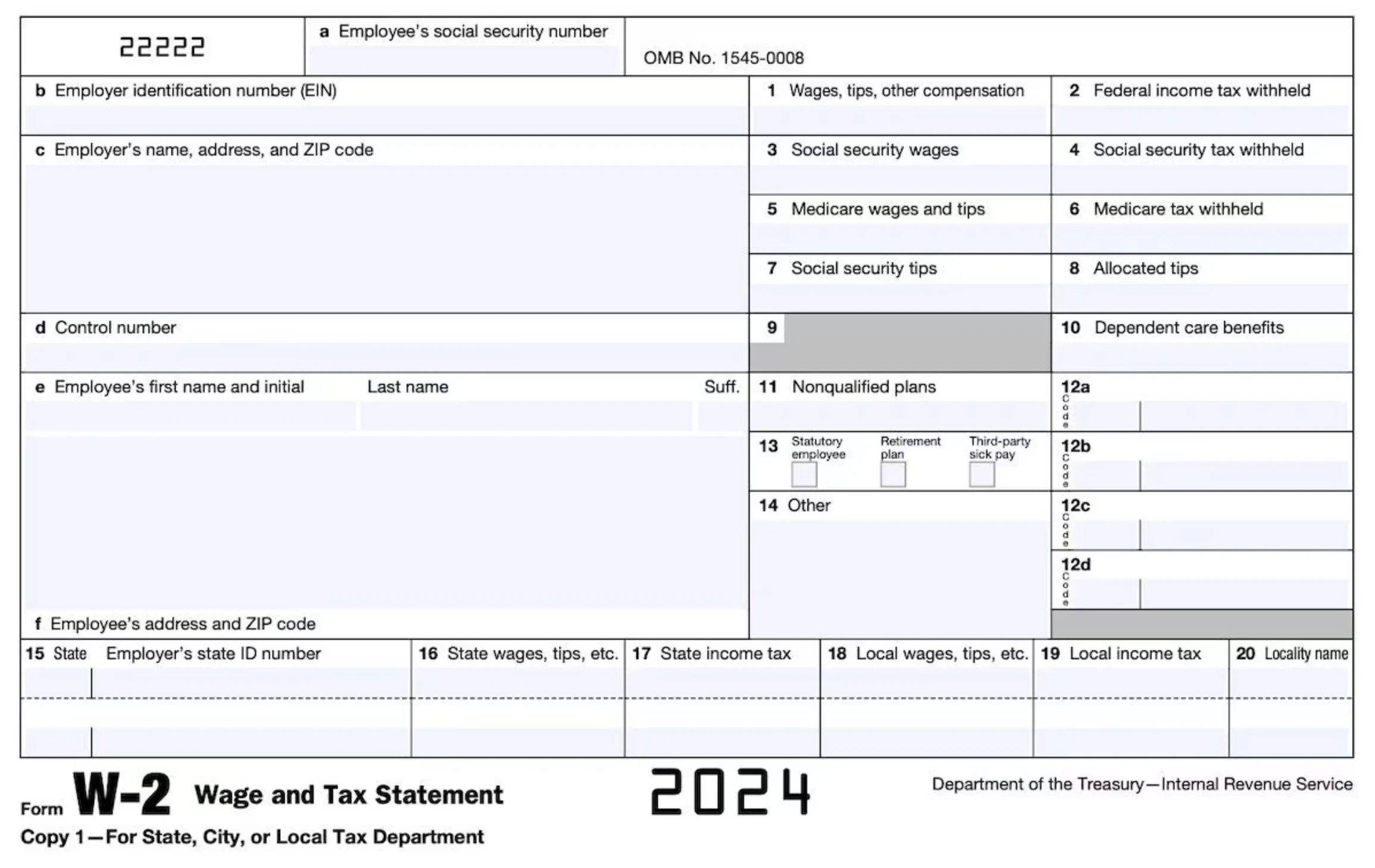 The W-2 form displays a series of boxes like employee name, employer EIN, employee social security number, and wages, tips, and compensation, plus the year 2024 at the bottom.