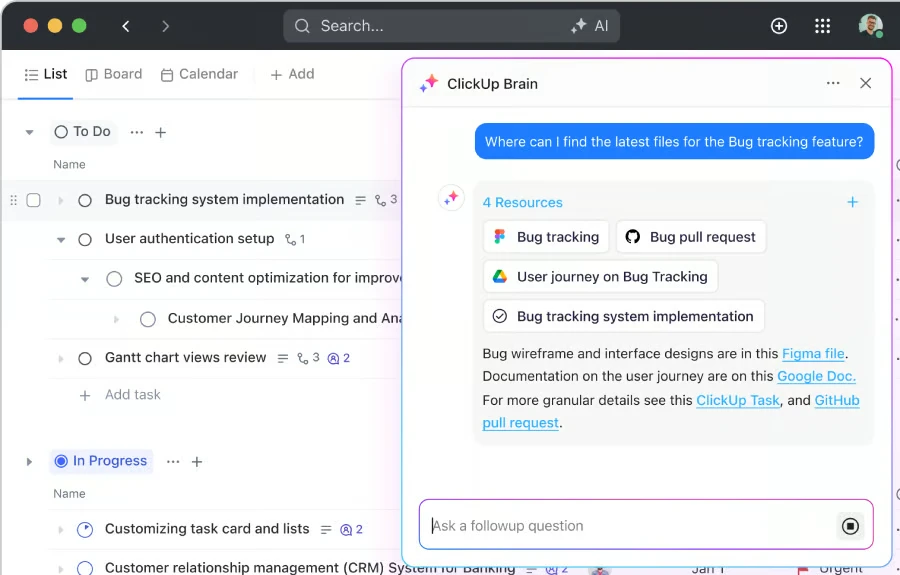 ClickUp Brain search results showing files and project information retrieved from ClickUp and connected applications.