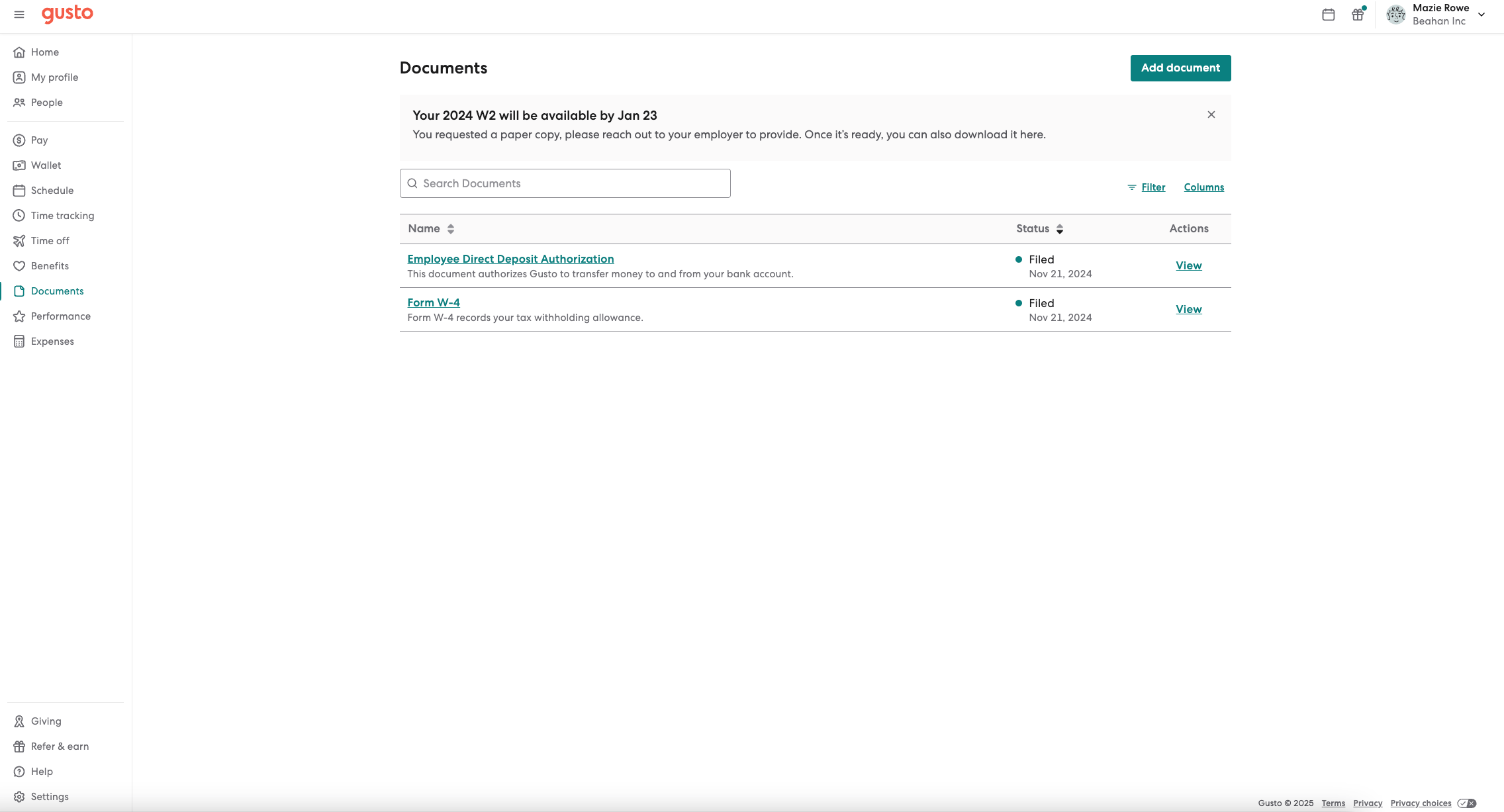 Gusto displays its documents dashboard with links to download an employee named Mazie Rowe's W-4 and direct deposit authorization, plus a note at the top that their 2024 W-2 will be available by January 23.