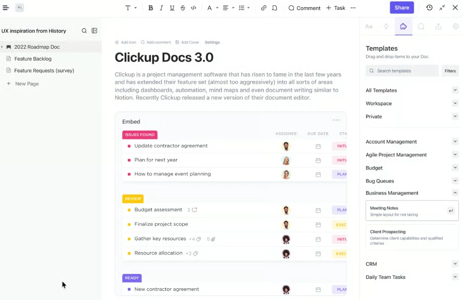 ClickUp Docs connects project documentation with tasks, allowing teams to reference assigned work directly from a document. (Source: ClickUp.)