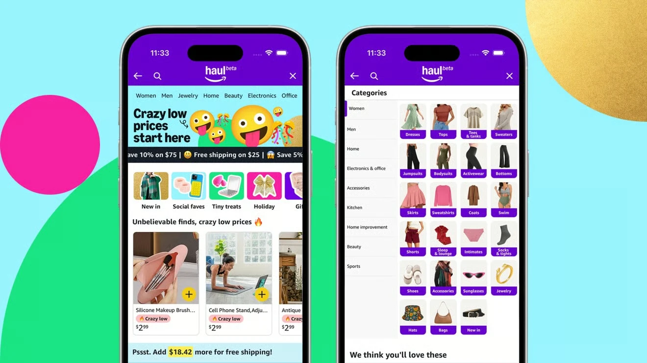 Amazon Haul’s interface is peppered with bright colors and emojis, focusing on pricing deals.