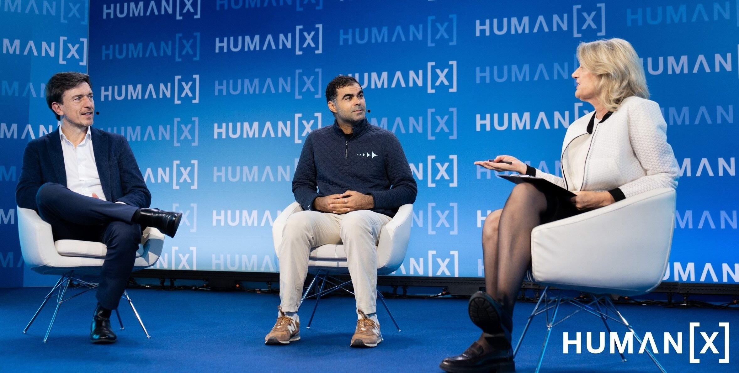 Axelera AI's Fabrizio Del Maffeo, AI71’s Mehdi Ghissassi, and Crunchbase News' Gené Teare onstage at HumanX Amsterdam.